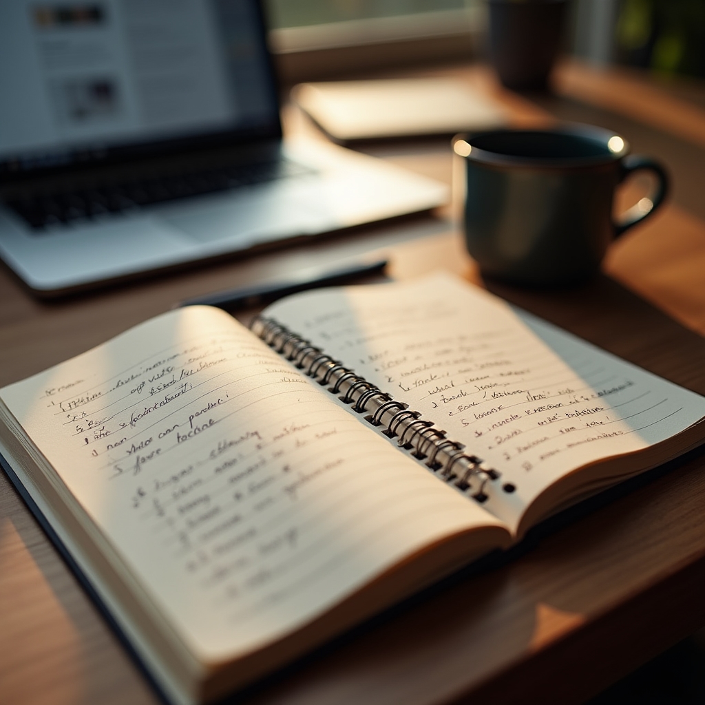 Notebook with handwritten portfolio review notes next to a laptop