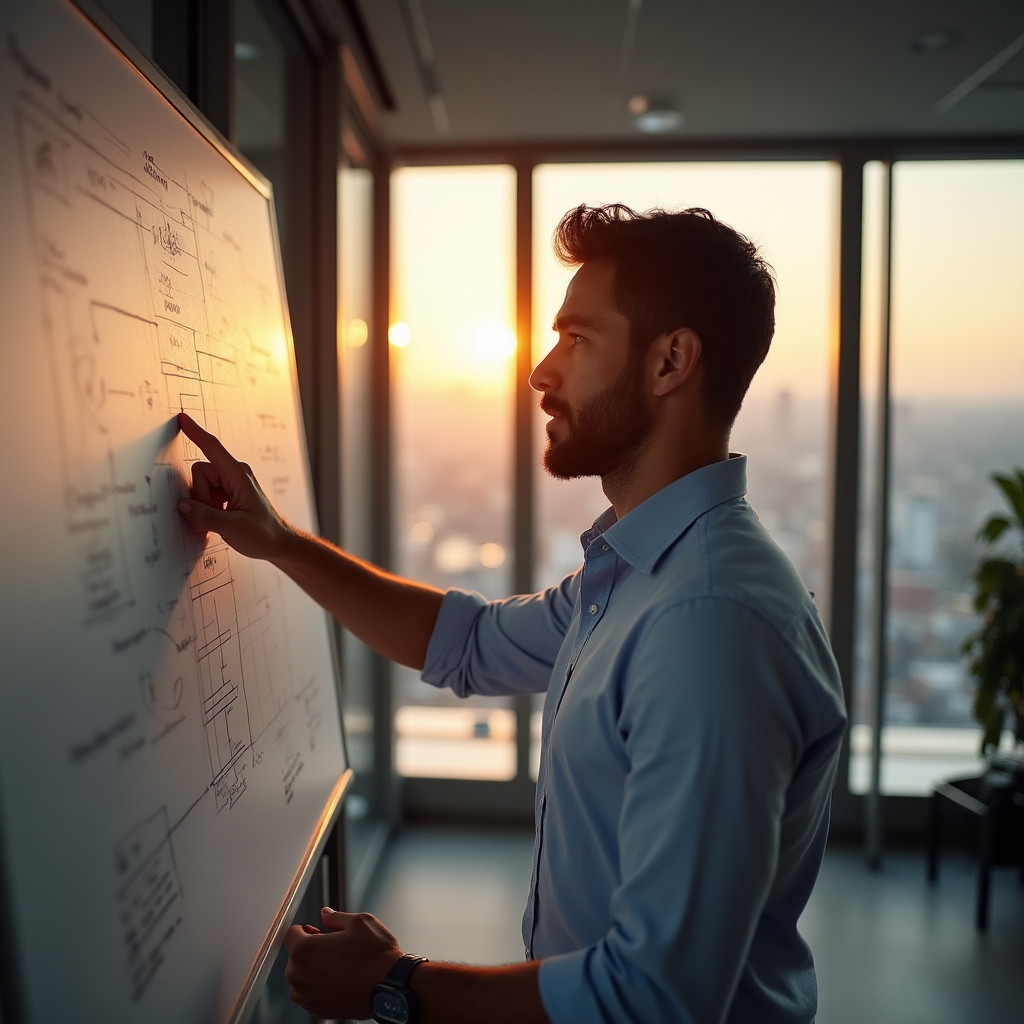 Developer instructor explaining a technical diagram on a whiteboard