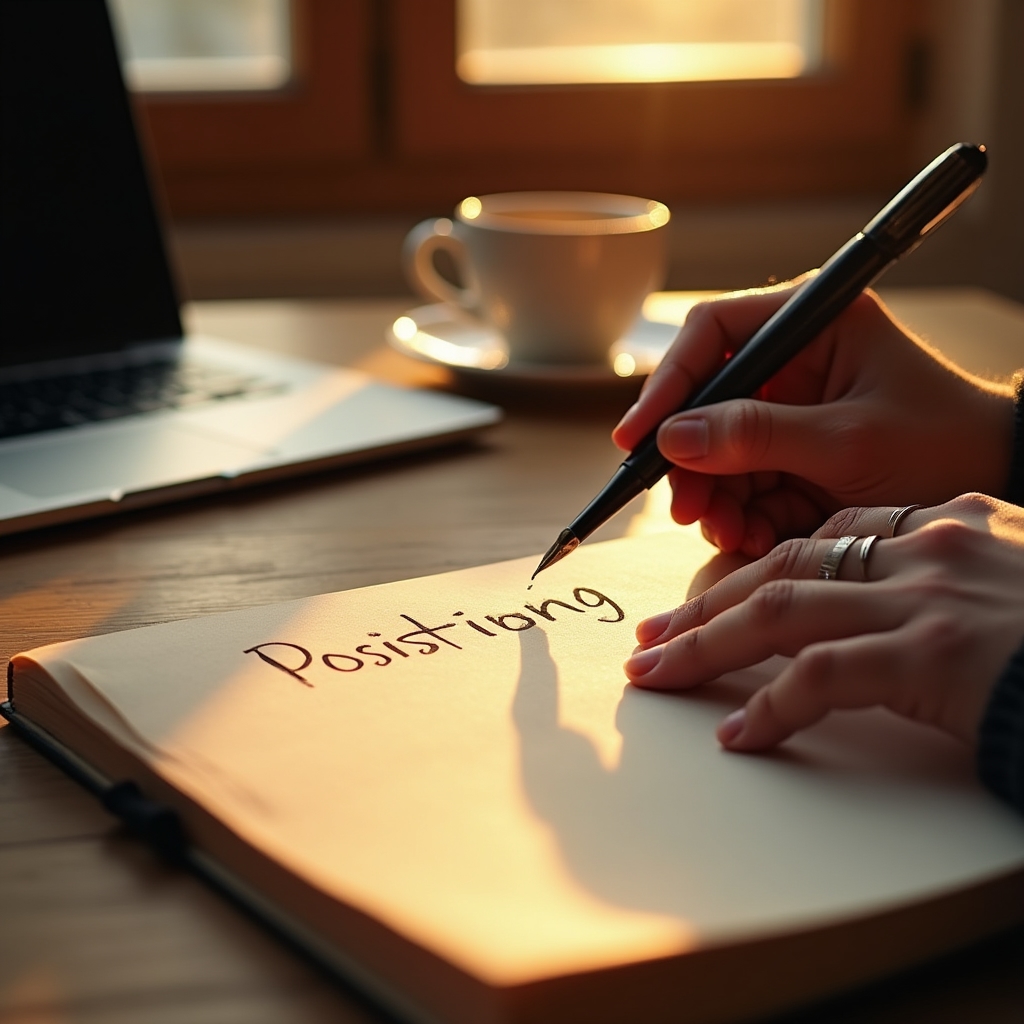 Close up of hands sketching a positioning statement on paper