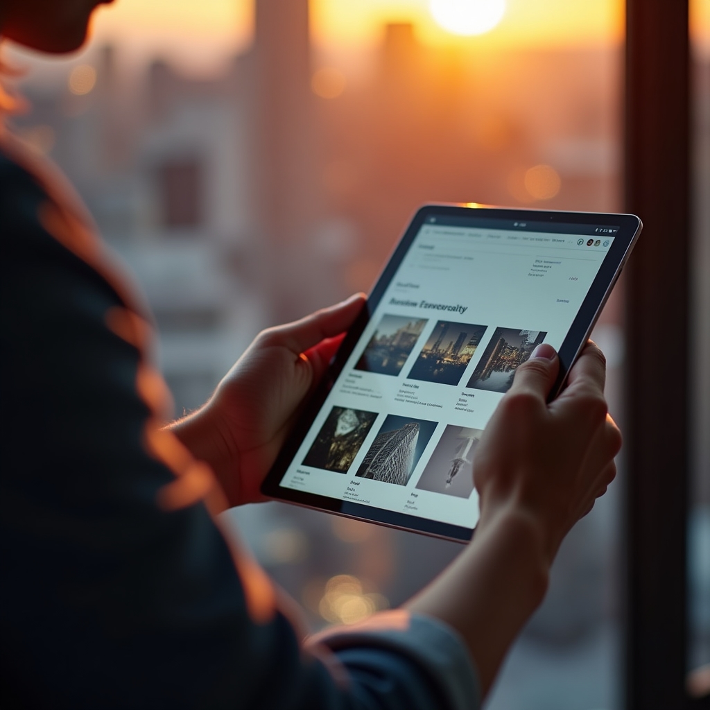 Close up of a person scrolling through a portfolio website on a tablet