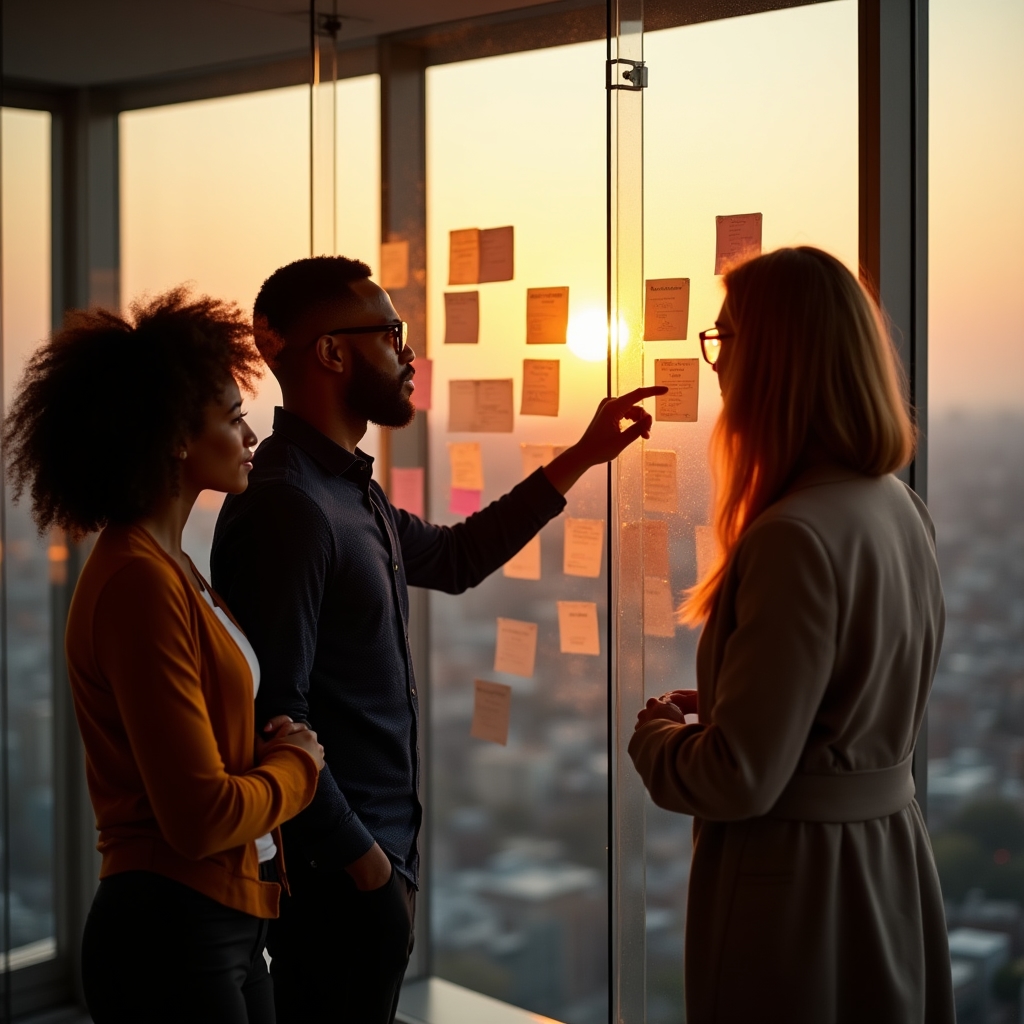 A small team reviewing course material and sticky notes on a glass wall