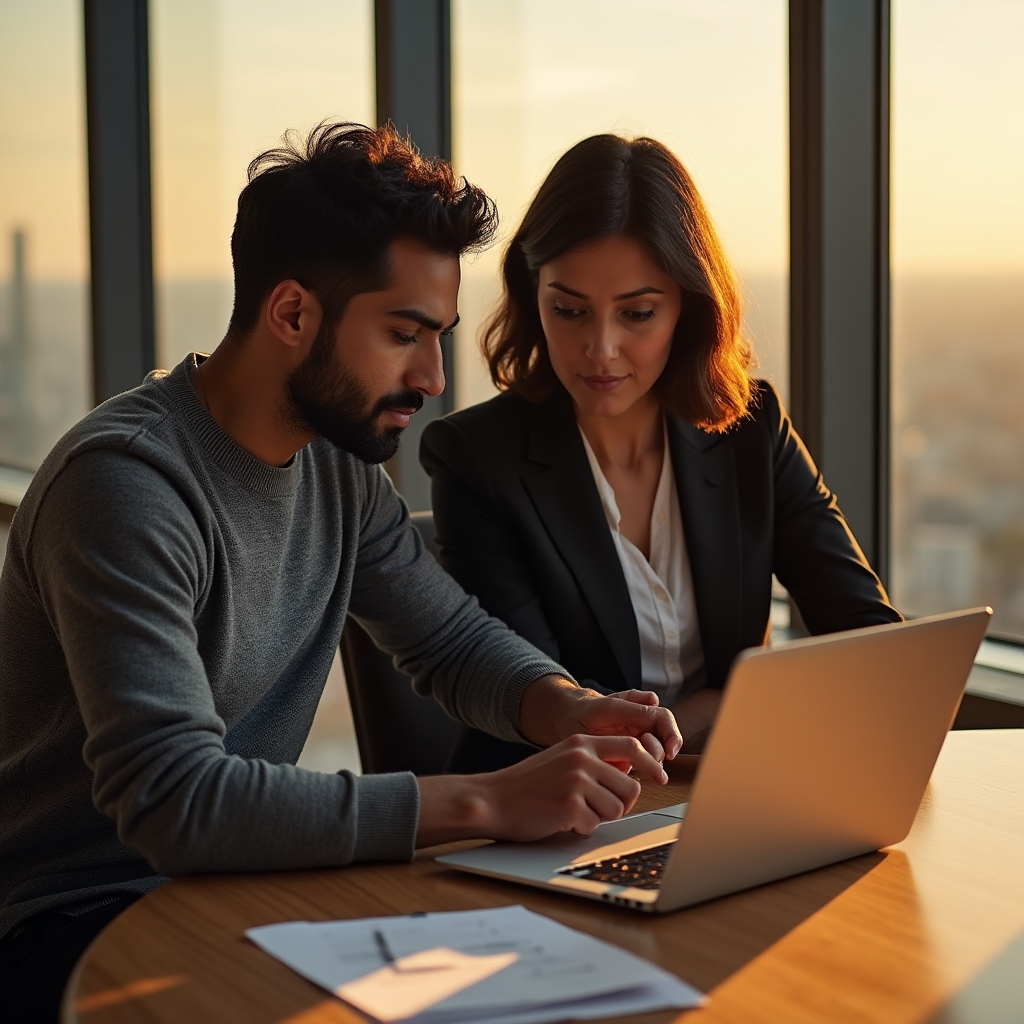 Two specialists reviewing portfolio layouts on a laptop during a workshop